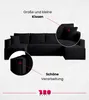 A black sectional sofa is shown with callouts highlighting its features. Produktbild-Vorschau