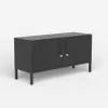 A black metal TV cabinet with two doors and ventilation slits on the front, shown from a slight angle against a white background. Produktbild-Vorschau