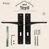 A product shot of black door handles and their accompanying hardware, set against a light beige background with subtle graphic elements. Produktbild-Vorschau