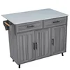 A kitchen island cart with a white marble-effect countertop and gray wood-grain cabinets and drawers. Anteprima dell’immagine prodotto