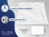 A white quilted blanket is shown on a light gray background, with a dark blue overlay on the left side containing product information and icons. Produktbild-Vorschau