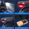 A collage of four images showcasing different features of an electric bicycle, including its front light, rear brake light, rear rack, and a gift box with accessories. Produktbild-Vorschau
