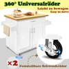 A white kitchen cart with a wooden countertop, shown with food on top and a close-up of its wheels. Náhled obrázku produktu