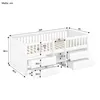 A white wooden children's bed with drawers, shown with dimensions indicated by measurement lines and numbers. Produktbild-Vorschau