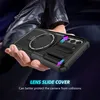 A person's hand is holding a black phone case with a magnetic ring and a sliding camera cover. The background is dark and blurred. Produktbild-Vorschau