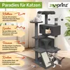 A multi-level cat tree with cats interacting with it, surrounded by descriptive text boxes. Produktbild-Vorschau