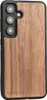 A close-up, studio shot of a smartphone case with a wooden back and black sides, showcasing the camera module. Produktbild-Vorschau