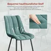 A close-up of a turquoise dining chair with text overlays highlighting its features. Produktbild-Vorschau