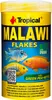 A product shot of a cylindrical container of Tropical Malawi Flakes fish food, featuring images of three cichlid fish. Podgląd zdjęcia produktu