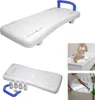A collage of images showing a white bathtub board with a blue handle, its components, and people using it in a bathtub. Náhled obrázku produktu