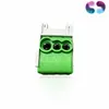 A close-up studio shot of a green electrical connector with white mounting brackets, set against a white background. A colorful, abstract logo is visible in the top right corner. Produktbild-Vorschau