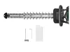 A close-up view of a hedge trimmer's cutting blades and handle, along with some accessories, against a white background. Produktbild-Vorschau
