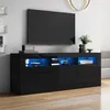 A modern black TV stand with LED lighting, displaying various items on its shelves.