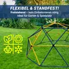 A geometric climbing dome structure is set up on a green lawn in a garden setting. The image has a dark blue overlay at the top with white text. Produktbild-Vorschau