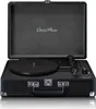A black record player with its lid open, shown from a front-facing angle. Produktbild-Vorschau