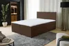 A bedroom scene with a brown boxspring bed as the main focus, a plant in the background, and a floor lamp. Produktbild-Vorschau