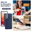 Collage showing a blue phone case with a card slot, a woman making a payment with a phone, and a person using a phone. Produktbild-Vorschau