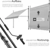Diagrams and text illustrating the easy setup and versatile use of a retractable awning. Náhled obrázku produktu