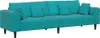 A studio shot of a turquoise sofa with cushions.