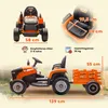 A collage of images showing a toy tractor with a trailer, including close-ups and dimensions. Náhľad obrázku produktu