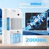 A white dehumidifier is shown on a wooden surface, with a close-up of its internal mechanism and water tank visible. The background features a blue sky and water elements, suggesting a clean and refreshing environment. Anteprima dell’immagine prodotto