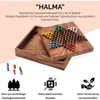 A wooden Halma game board with colorful playing pieces, presented with descriptive text and icons highlighting product features. Produktbild-Vorschau