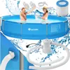 A collage of images showing a tectake swimming pool, people enjoying it, and its accessories like a filter pump and hoses. Náhled obrázku produktu