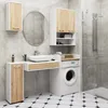 A modern bathroom with a vanity, sink, washing machine, and shower. Produktbild-Vorschau