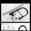 A black kitchen faucet with its accessories laid out on a white background, along with installation notes and feature icons. Náhled obrázku produktu