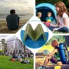 A collage of four images showing people using foldable foam cushions in various outdoor settings, including a beach, a campsite, a park, and a hiking trail. Produktbild-Vorschau