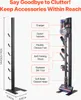 A vacuum cleaner stand with various Dyson vacuum accessories displayed and labeled. Produktbild-Vorschau