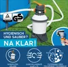 A pool filter pump system is shown next to a blue pool, with marketing text and icons below. Produktbild-Vorschau