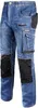 A pair of blue denim work pants with black reinforced knee patches and cargo pockets. Produktbild-Vorschau