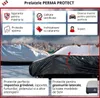 Two car covers are shown, one silver and one black, with a city skyline in the background. Text overlays describe features. Produktbild-Vorschau