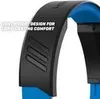 Close-up of a black and blue gaming headset headband with text overlay. Produktbild-Vorschau