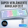 A white wireless keyboard with RGB lighting is shown, with marketing text and icons overlaid. Produktbild-Vorschau