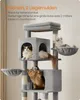 A multi-level cat tree with several cats interacting with it, set against a neutral background. Produktbild-Vorschau