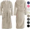 A beige hooded bathrobe is shown from the front and back, with a row of color swatches on the right. Produktbild-Vorschau