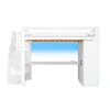 A white loft bed with stairs, a desk, and a cabinet against a sky background. Produktbild-Vorschau