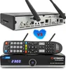 A collage of a satellite receiver, its remote control, and a close-up of the receiver's back panel. Náhled obrázku produktu