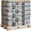 A pallet stacked high with packages of briquettes, secured with green straps. Produktbild-Vorschau