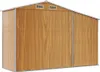 A side view of a wooden-look metal shed. Náhled obrázku produktu