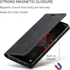 A black leather phone case is shown open, revealing the phone inside. Red arrows indicate the magnetic closure feature. Produktbild-Vorschau