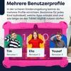 A pink tablet case with three children's profiles displayed on the screen. Produktbild-Vorschau