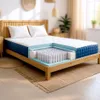 A cutaway view of a mattress on a wooden bed frame, showing its internal layers and pocket springs, in a bedroom setting. Anteprima dell’immagine prodotto