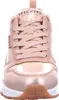 A close-up front view of a pink Skechers sneaker. Voir les images du produit