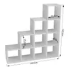 A white modular shelving unit with a tiered, staircase-like design, shown with dimensions indicated. Produktbild-Vorschau