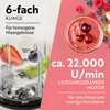 A marketing image for a blender, showing fruits and a smoothie, along with text highlighting its features. Voir les images du produit