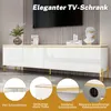 A white TV stand with golden accents and metal legs, shown in a modern living room setting with decorative items on top. Four inset images highlight features like doors, ample space, golden trim, and cable management. Anteprima dell’immagine prodotto
