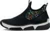 A side view of a black women's boot with a colorful balloon pattern on the side. Voir les images du produit